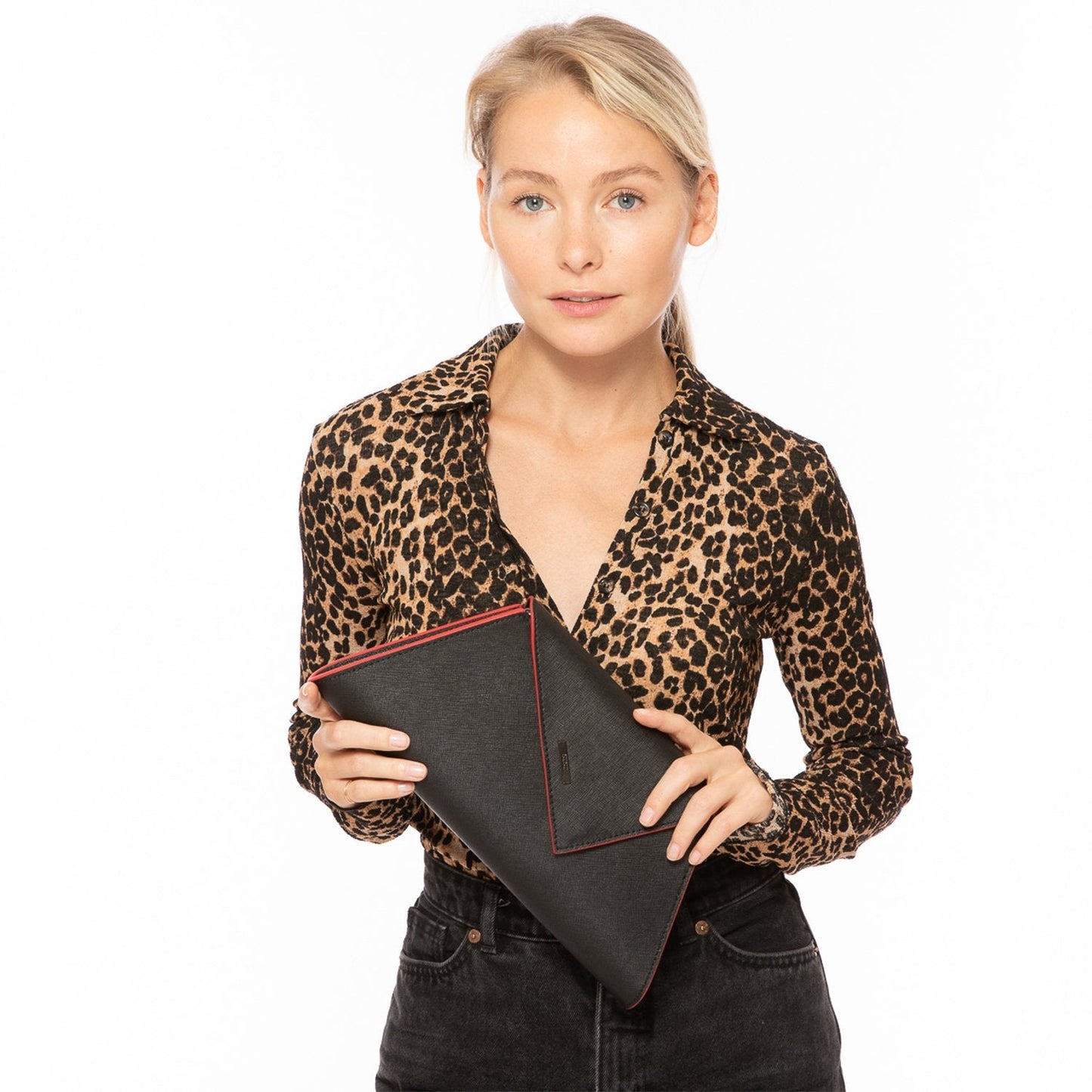 Black Leather Clutch Bag Unique Evening Purse Women's Handbag